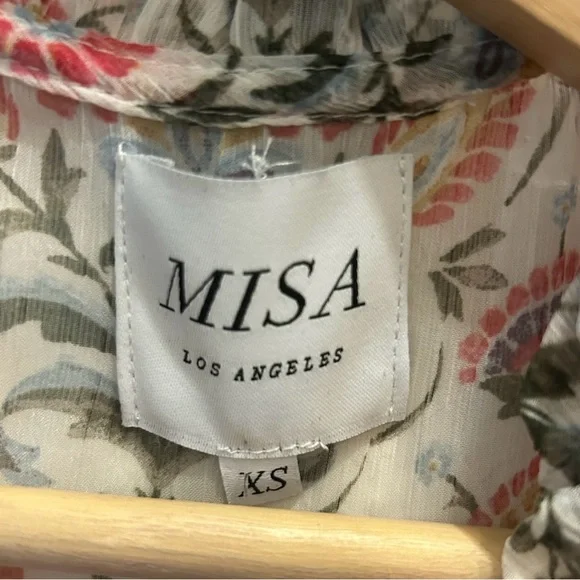 MISA Basia Sheer Chiffon Blockprint Flutter Sleeve Tassel Tie Split Neck Top - Picture 5 of 7